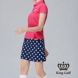 【KING GOLF】女款愛心皇冠領口拼接色塊造型POLO衫/高爾夫球衫-桃紅