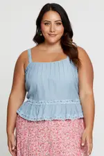 Blue Singlet Top Coral Lace Insert Pintuck