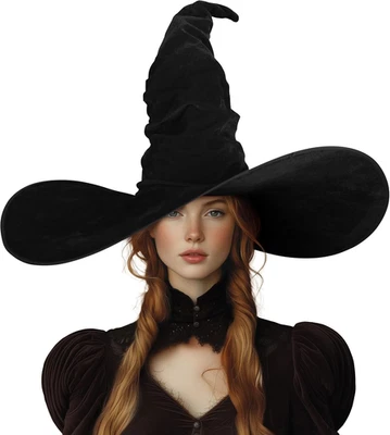 Witch Hat Halloween Black Witches Hat for Women Wizard 24"Large Ruched