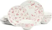 [MARTHA STEWART] Empress Bouquet 12 Piece Decorated Porcelain Dinnerware Plates and Bowls Set - Pink Floral, Service for 4 (12pcs)