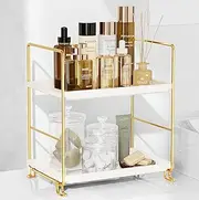 FSyueyun 2-Tier Makeup Shelf Organizer, Kitchen Spice Rack or Bathroom Countertop Organizer Vanity Bedroom Storage Tray (Gold)