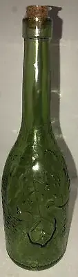 Holiday Round Glass Decorating Bottle 12”H Green-Raised Leaves Design & Cork-NEW