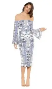 Thurley BNWT Bodycon Midi Blue & White Wedgewood Print Bonded Dress Size 12