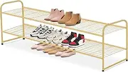 AOODA Long 2 Tier Shoe Rack for Closet Metal Wide Stackable Shoe Storage Organizer for Entryway, Bedroom, Floor, 18-Pairs Low Sneaker Shelf, Golden