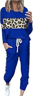 [SHOPESSA] Lounge Sets for Women 2 Piece Outfits Long Sleeve Leopard Patchwork Pants Set Long Sleeve Lounge Pants Set for Women, Blue, S, Blue, S