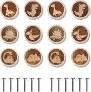Powerful 12 PCS Wooden Cabinet Knobs Cartoon Animal Wood Drawer Knobs 40MM Round Dresser Pulls with Screw for Home Wardrobe Furniture Decor (12Pcs Dinosaur)