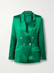 [Retrofête] Retrofête - Saige Double-breasted Crystal-embellished Satin Blazer - Emerald - large large Green