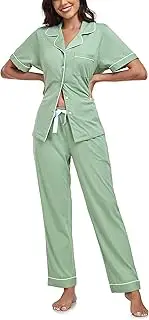 [ANLIQI] 100% Cotton Pajamas for Women Soft Button Up Short Sleeve Shirt & Long Pants Summer Pjs Set Comfy Loungewear S-2XL