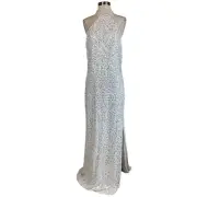 AQUA Women's Formal Dress Size 14 White and Silver Sequined Backless Gown