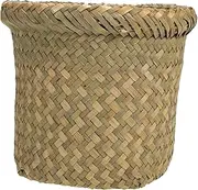 CHILDWEET 2pcs Woven Storage Basket Garbage Basket Small Waste Basket Table Waste Basket Simple Fruit Mini Garbage Can Waste Paper Basket Seagrass Baskets Wicker Trash Dark Green Seaweed