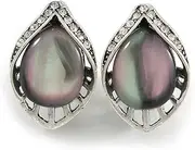 [Avalaya] Vintage Inspired Leaf Shape Crystal with Cat Eye Clip-On Earrings/Aged Silver Tone/ 25mm Tall, Glass