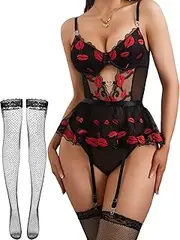 Alrovetoney Women Lingerie Set Naughty Lace Bodysuit High Waisted Underwire Lingerie Babydoll with Garter Belt and Stockings