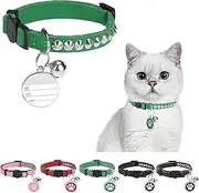 Leather Personalized Breakaway Cat Collar with Studded Bell and Safety Quick Release Buckle - Rivets Studded ID DIY Collars for Boy Girl Cats Kittens