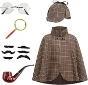 maxToonrain Victorian Detective Inspector Clouseau Costume Set 6 Pcs，Kids Funny Deluxe Deerstalker Hat+Magnifying Glass World Book Day Halloween Costumes For Boys Girls