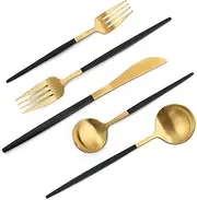 VANVRO Matte Black Gold Silverware Set, 20-Piece Stainless Steel Flatware Set, Satin Finish Tableware Cutlery Set, Service for 4, Home and Restaurant, Dishwasher Safe