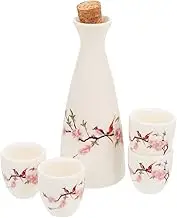 Ceramic Sake Pot Set 4 Cups Flask Cherry Blossom Decor Heat Retentive Serve Warm Sake