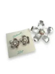 Two Tone Faux Pearl Lily Flower Brooch Clip On Earring Set Kramer Style