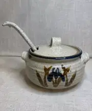 Studio pottery stoneware soup tureen with lid and ladle.