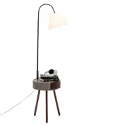 New Oriental Zoltan Rubberwood Floor Lamp On Side Table Linen Shade W/ USB Port