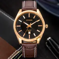 在飛比找PChome24h購物優惠-【CITIZEN 星辰】極簡紳士時尚石英真皮腕錶/咖啡x金框
