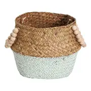 Straw/Wood 28cm Woven Belly Basket w/ Beads Handle Storage Decor Blue/Natural