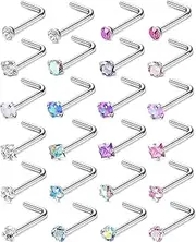 [Kakonia] 24Pcs 20G Nose Stud Piercing 316L Stainless Steel for Women Men Hypoallergenic Small Colorful CZ Opal Silver Nose Studs I Shaped/L Shaped Nose Stud Screw Nose Piercing Jewellery