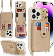 for iPhone 14 Pro Max Case Crossbody Shoulder Wallet Leather Cover with Card Holders Rotatable Ring Kickstand Wristlet Long Strap Lanyard Phone Case Bag for iPhone 14 Pro Max Cream