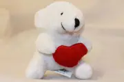 WHITE PLUSH LITTLE TEDDY BEAR HOLDING A RED HEART THREE INCH HIGH