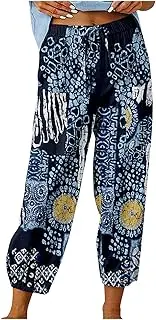 [Generic] Summer Linen Pants for Women Casual Elastic Drawstring Waisted Trousers Loose Fit Lightweight Pants with Pockets