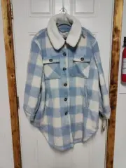 Koolaburra by Ugg Winter Shacket Sherpa Collar Faux Wool Plaid White Blue XXL