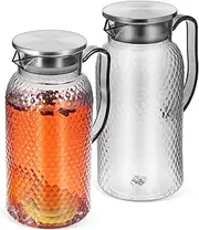 UKCOCO Water Jug with Lid: 1.8 Litre Plastic Pitcher Transparent Juice Jug with Handle Fridge Pitcher for Milk Juice Iced Tea Lemonade,2 Pack