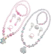 [DEARMAMY] 2Sets Unicorn Shell Jewelry for Beaded Necklace Bracelet Earring Ring Set Cute Ocean Themed Accessories for Parties Daily Wear present for Little