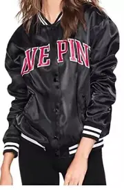 Victoria's Secret Pink Satin Bomber Jacket Black Snap Buttons NWT XSmall