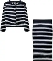 [Zadaos] Women'S Fall Retro Striped Knitted Cardigan Jacket Set High Waist Slit Decorated Slim Skirt Streetwear 2-Piece Set