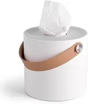 LaLa Dolce Modern Round Tissue Dispenser Holder Plastic Box Cover Napkin Organizer with Leather Handles for Bathroom Vanity Tops, Dressers, Bedside Tables, desks and Tables (White)