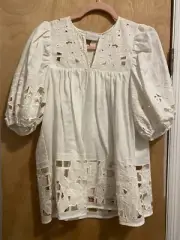 Zimmermann Women's White Linen Juno Embroidered Yoke Top SS19 NWT Size 1