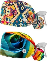 [YTYVAGT] 2-Pc,Nurse Scrub Caps,Scrub Hats with Buttons and Cotton Sweatband,Ethnic Floral Vintage Plaid Pattern