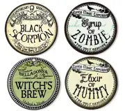 Halloween Apothecary Words Elixir Set of 4 Hand Pressed Frig Magnets 2.25" Round