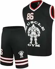 [MUSCLE GYM] Men’s Retro Basketball Jersey and Shorts Set – Sleeveless Tank Top with Extra Mesh Panels – Athletic Gym Wear for Sports and Casual Outfits
