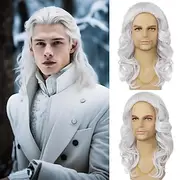 Mens Wig Long Curly Wavy White Wigs for Men Heat Resistant Synthetic Male Wig for Daily Party Cosplay Costume Halloween Use