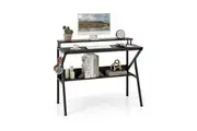 Costway Space Saving Computer Desk w/Monitor Stand Hook & Storage Shelf R-shaped Metal Frame Writing Table Black