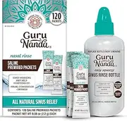 GuruNanda Sinus Rinse Bottle & Saline Premixed Packets 120ct - All Natural Sinus Rinse Packets to Help with Allergies & Congestion Relief, 0.08oz Each