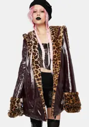 [No Dress] Leopard Faux Fur And Brown Leather Coat