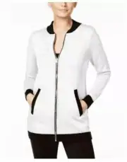 NY Collection Women's White Black Long Bomber Sweater Jacket