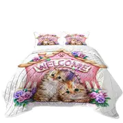 Welcome Tabby Ginger Kittens and Violet Flowers Coverlet