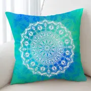 White Mandala over Bright Blue Green Cushion Cover
