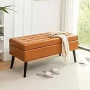 Modern Storage Bench PU Leather Upholstered Ottoman with Solid Wood Legs Tufted Bed End Bench Shoe Changing Bench for Entrance Bedroom Living Room Store (Brown)