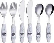 Exzact Children's Cutlery 6pcs Stainless Steel - 2 x Forks, 2 x Safety Knives, 2 x Tablespoons - Dishwasher Safe, BPA Free (Elephant x 6)