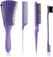Detangling Brush with Hair Styling Comb Set, Hair Brushes for Women Men Kids Curly Hair, Hair Brush Set include Detangler Brush Teasing Hair Brush Rat Tail Comb Edge Brush (Purple)