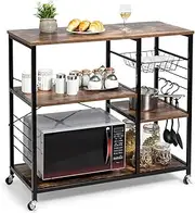 Giantex Industrial Kitchen Baker's Rack, w/Lockable Universal Wheel, Microwave Oven Stand, Metal Frame, Utility Storage Shelf, w/Basket and Hooks, Easy Assembly